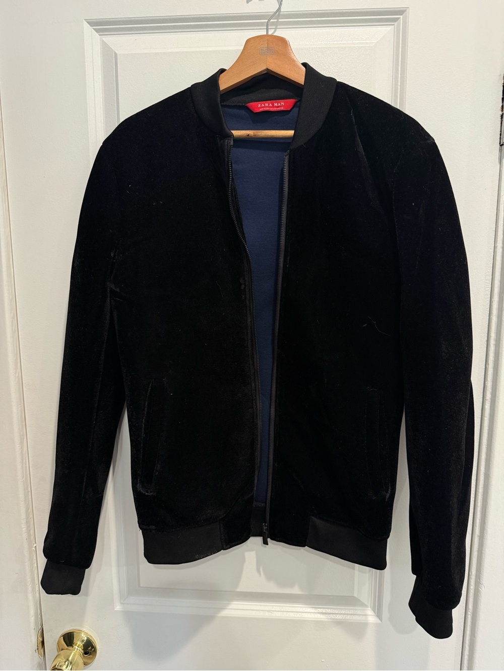 Zara Black Velvet Bomber Jacket with Navy Lining